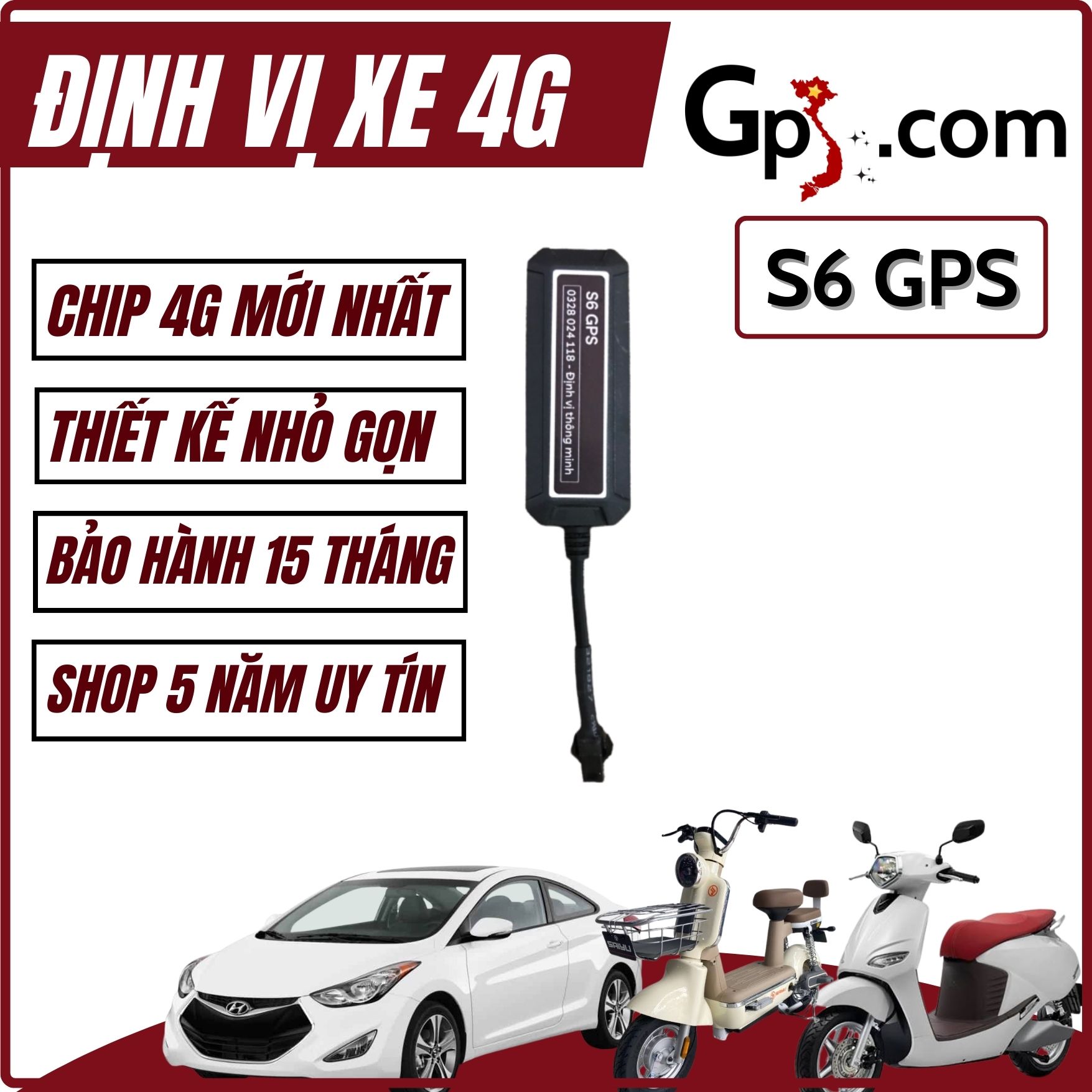 Định vị xe máy, ô tô S6 4G kích thước nhỏ gọn phần mềm tiếng Việt , định vị chính xác vị trí xe qua App