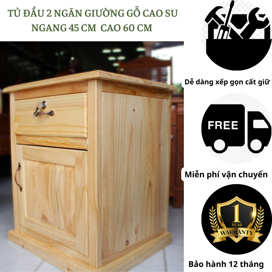 Tủ Đầu Giường 2 Ngăn Kéo Bằng Gỗ, Kệ Để Đồ Tiện Lợi-Tủ để đồ bằng gỗ cao su thiên nhiên an toàn cứng cáp