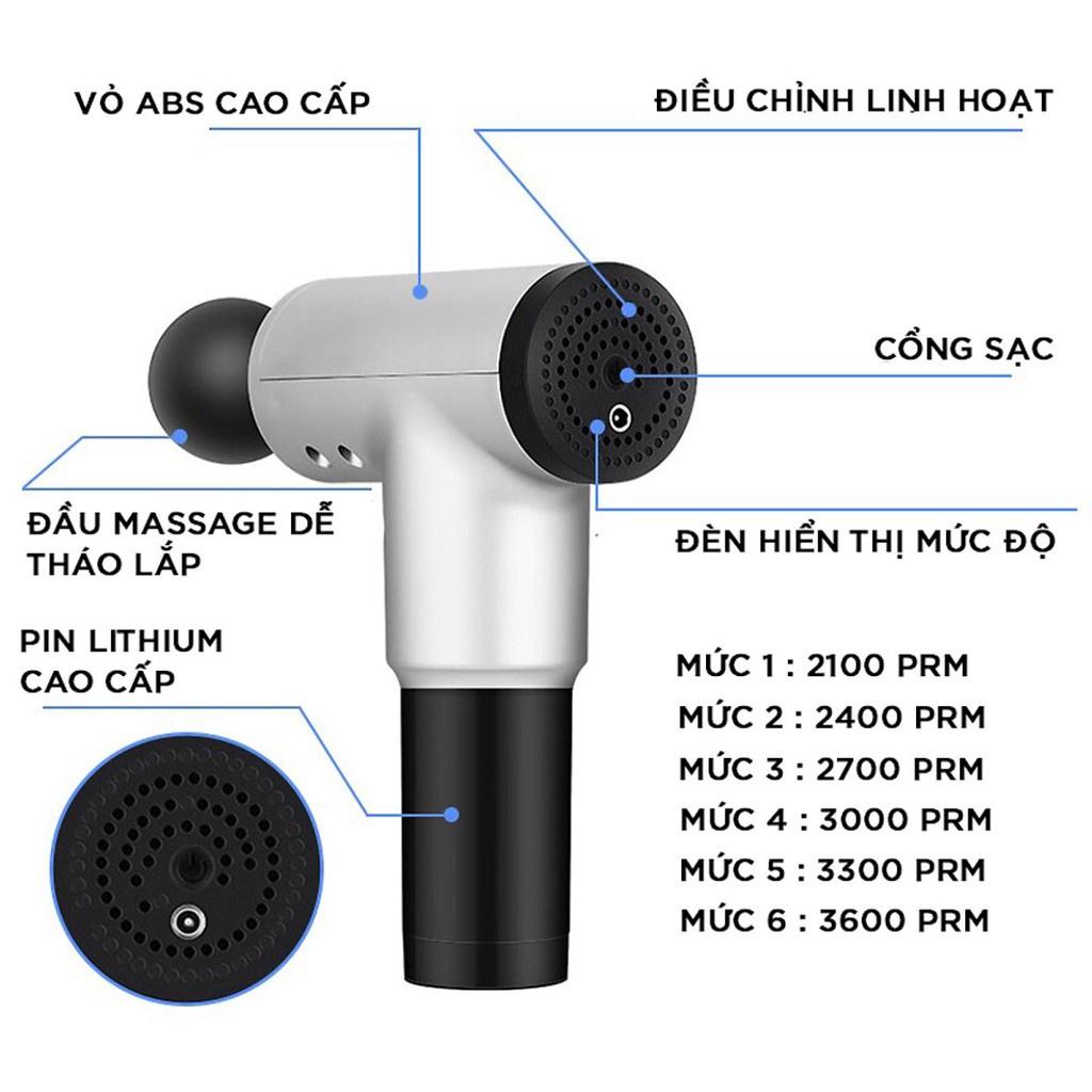 Máy massage Fascial Gun cầm tay 4 đầu 6 cấp độ trị đau nhức toàn thân hiệu quả, súng massage kèm 4 đầu mát xa chuyên sâu