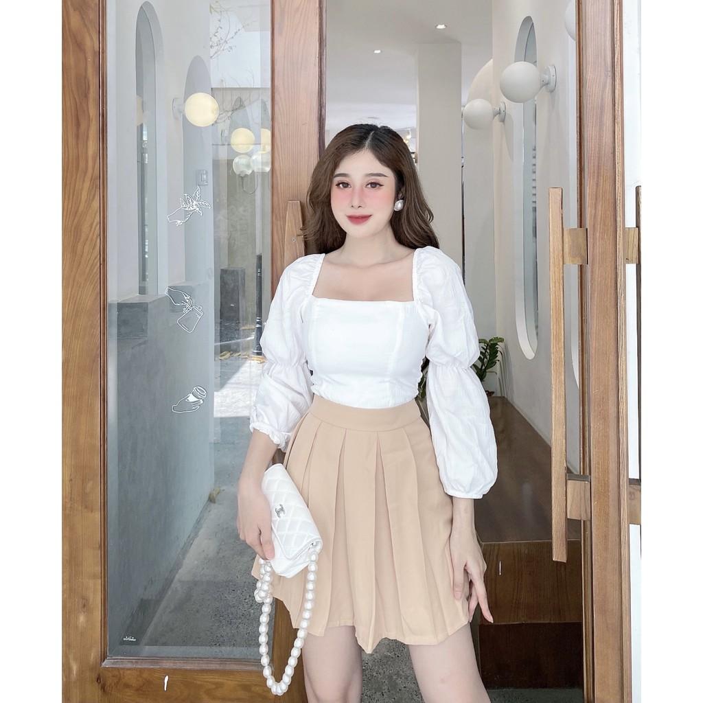SET ÁO KIỂU XỐP NHÚN CROPTOP CỔ VUÔNG TAY DÀI+CHÂN VÁY XẾP LY-hình thật shop chụp