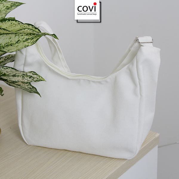 Túi tote đeo chéo vải canvas, túi vải bố hình bán nguyệt Unisex nam nữ đi học đi chơi thời trang COVI đen trắng T29