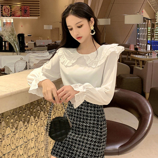 Áo sơ mi trắng tay bồng bo chun cổ bâu 2 tầng