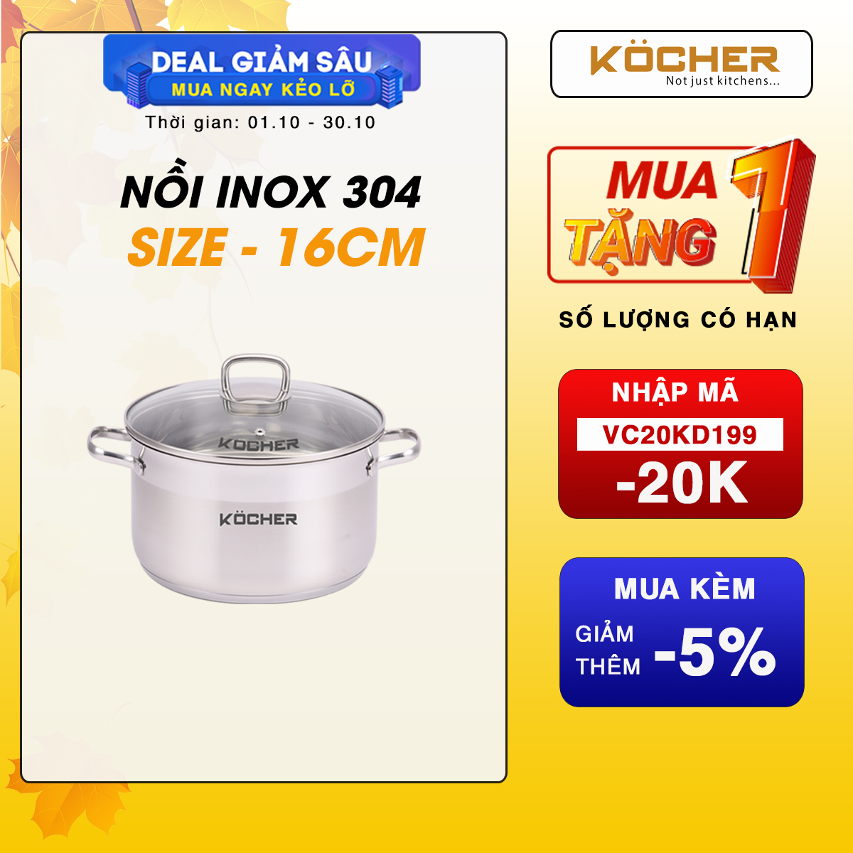 Nồi inox 304 5 đáy cao cấp size 16cm KOCHER sử dụng được mọi loại bếp