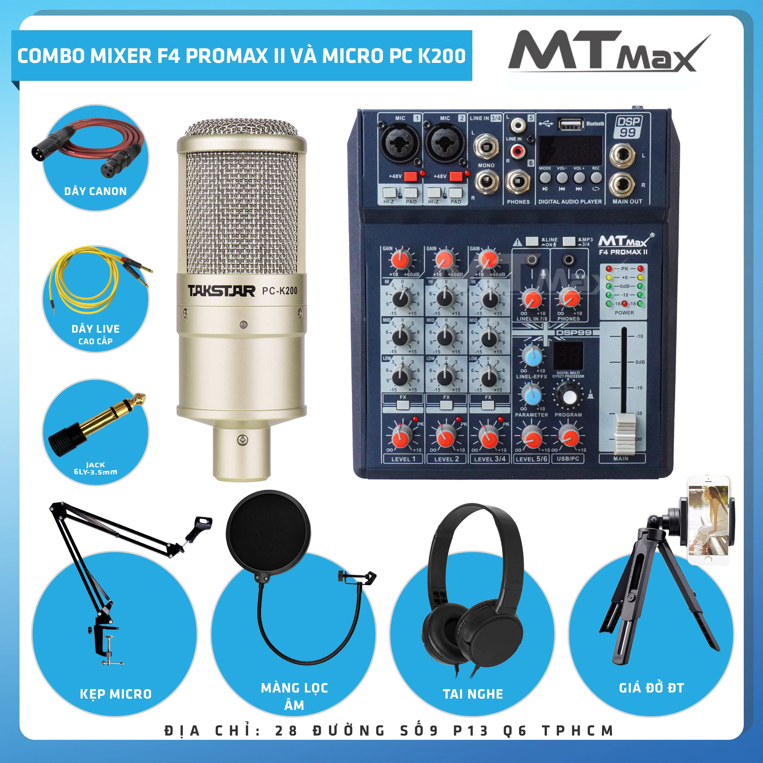 Combo thu âm, livestream Micro TakStar PC-K200, Mixer MTMax F4 ProMax II - Kèm full phụ kiện kẹp micro, màng lọc, tai nghe, dây canon, dây livestream, giá đỡ ĐT - Hỗ trợ thu âm, karaoke online chuyên nghiệp - Hàng nhập khẩu