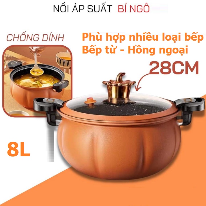 Nồi Áp Suất Bí Ngô Chống Dính 8L Thông Minh - Nồi Hầm 28cm 4in1 Hầm Gà, Cháo, Nồi Chiên, Xào Nấu Đa Năng
