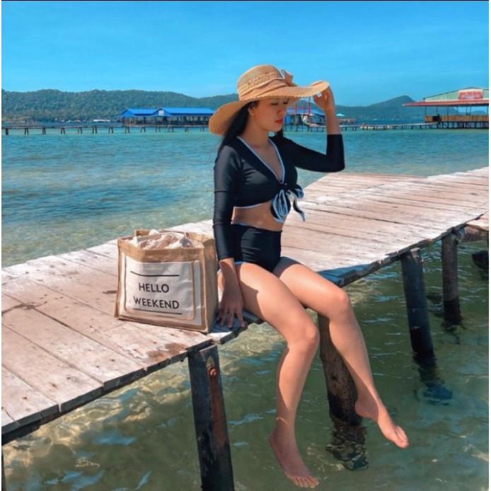 freeship Bikini đồ bơi tay dài đắp chéo quần cạp cao viền trắng cột dây ngực sành điệu VATIXA BKN04