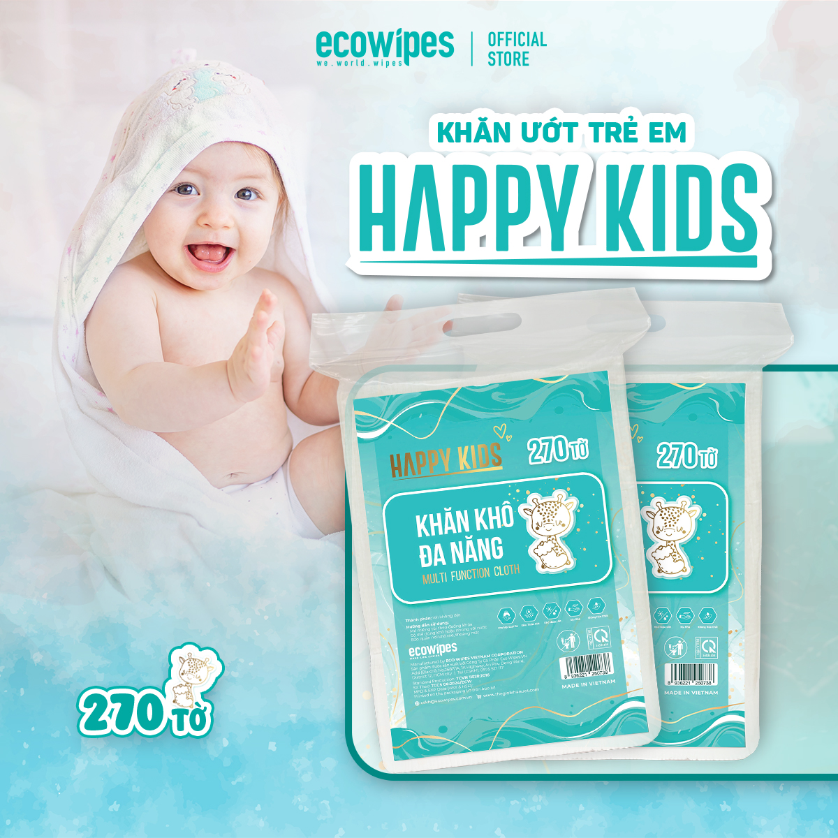 Khăn vải khô đa năng Happy Kids EcoWipes túi 270 tờ không mùi không cồn không paraben an toàn cho da nhạy cảm