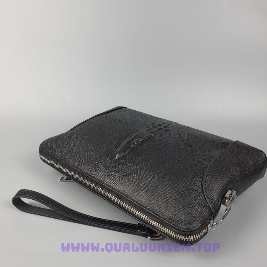 Clutch khóa số da bò phối vân cá sấu
