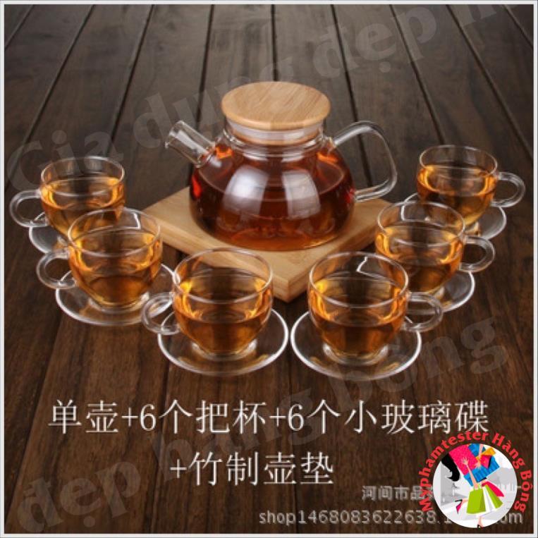 Set ấm chén trà thuỷ tinh nắp tre dung tích 600ml
