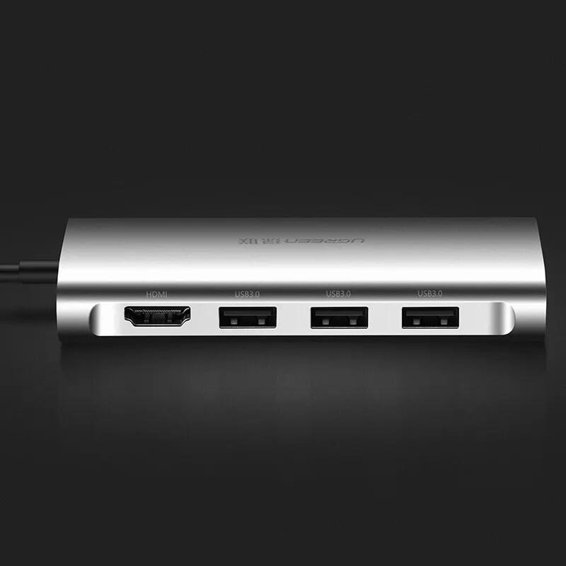 Ugreen UG50516CM121TK 15CM màu Bạc Bộ chuyển đổi TYPE C sang 3 USB 3.0 + HDMI + LAN + TF SD + nguồn TYPE C vỏ nhôm - HÀNG CHÍNH HÃNG