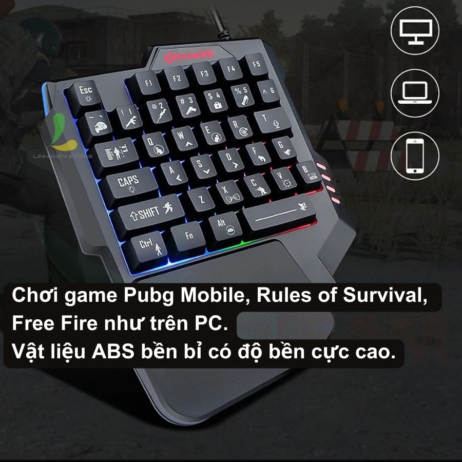 Bàn phím giả cơ một tay Kuwee K15 - Bàn phím gaming 35 phím hỗ trợ Chơi Game Pubg Mobile, Free Fire trên điện thoại, PC