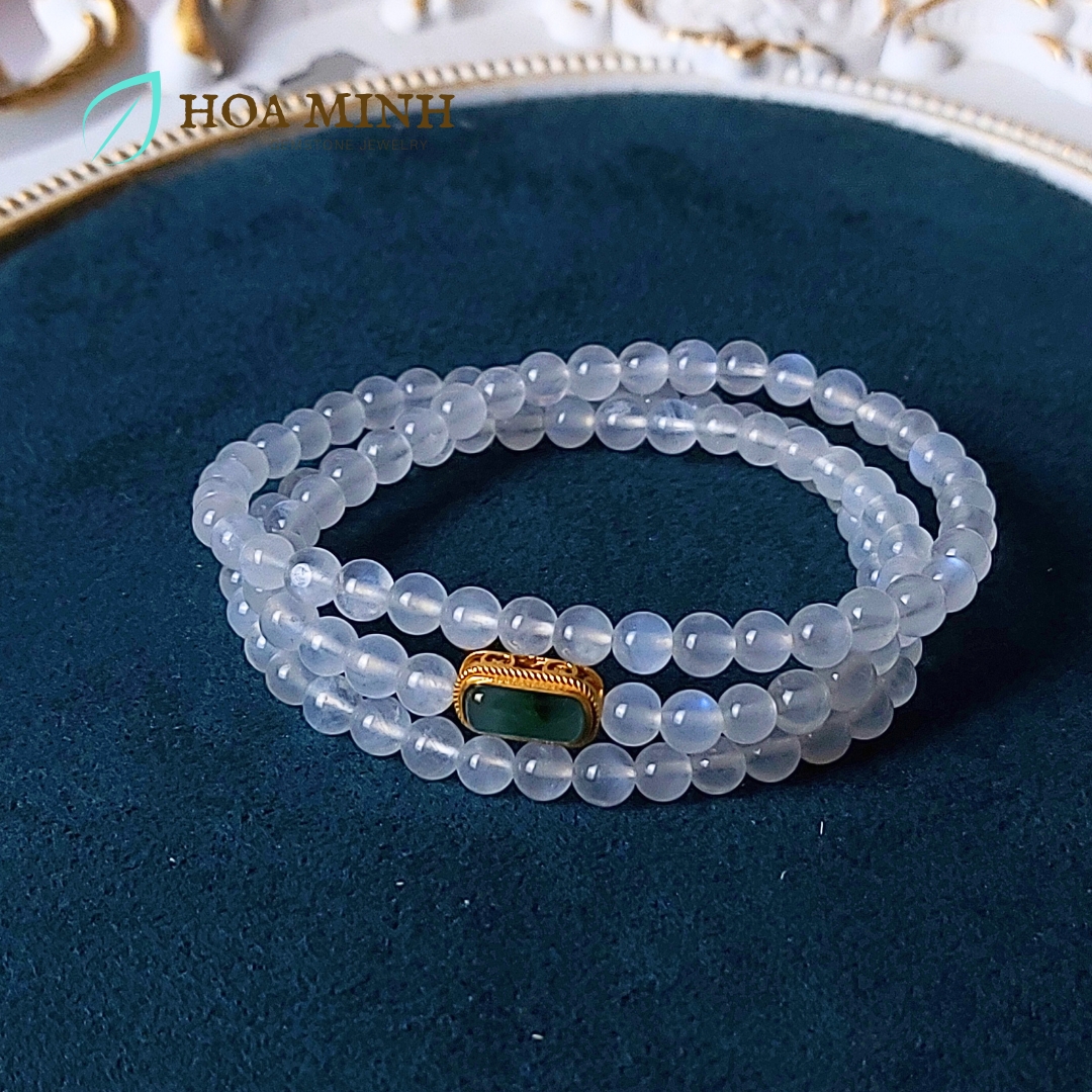 Vòng tay 108 hạt đá Mặt Trăng Moonstone 5.2 li phối charm vàng đá Cẩm Thạch Ngọc Lam lên bông cực VIP