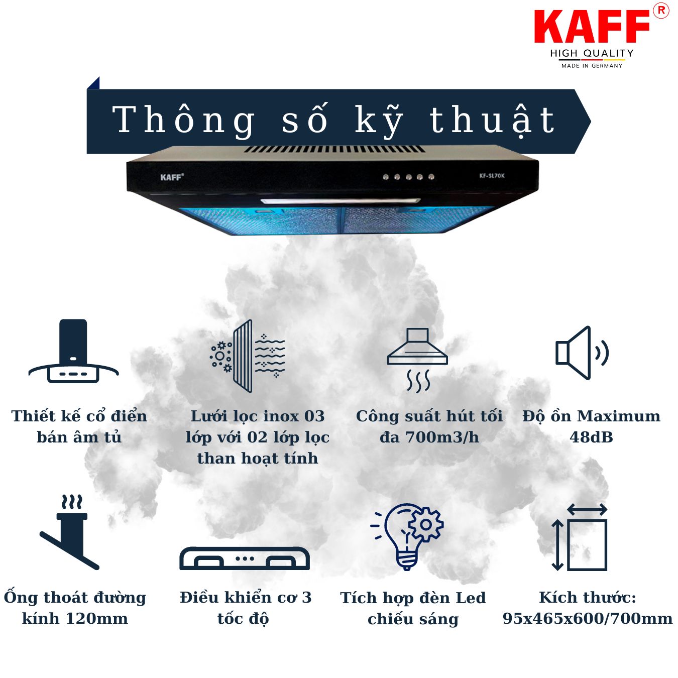 Máy hút mùi cổ điển màu đen 600mm KAFF KF_SL60KB Tặng bộ lọc than thay thế _ Hàng Chính Hãng