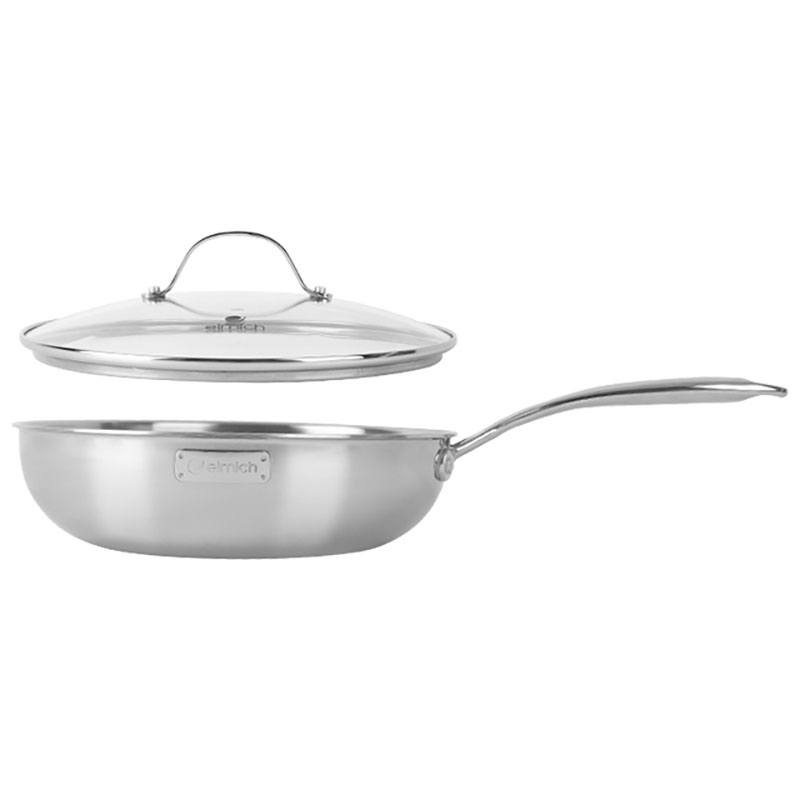 Chảo Inox 304 Cao Cấp 3 Lớp Đáy Liền Elmich Trimax kèm vung kính - Hàng chính hãng