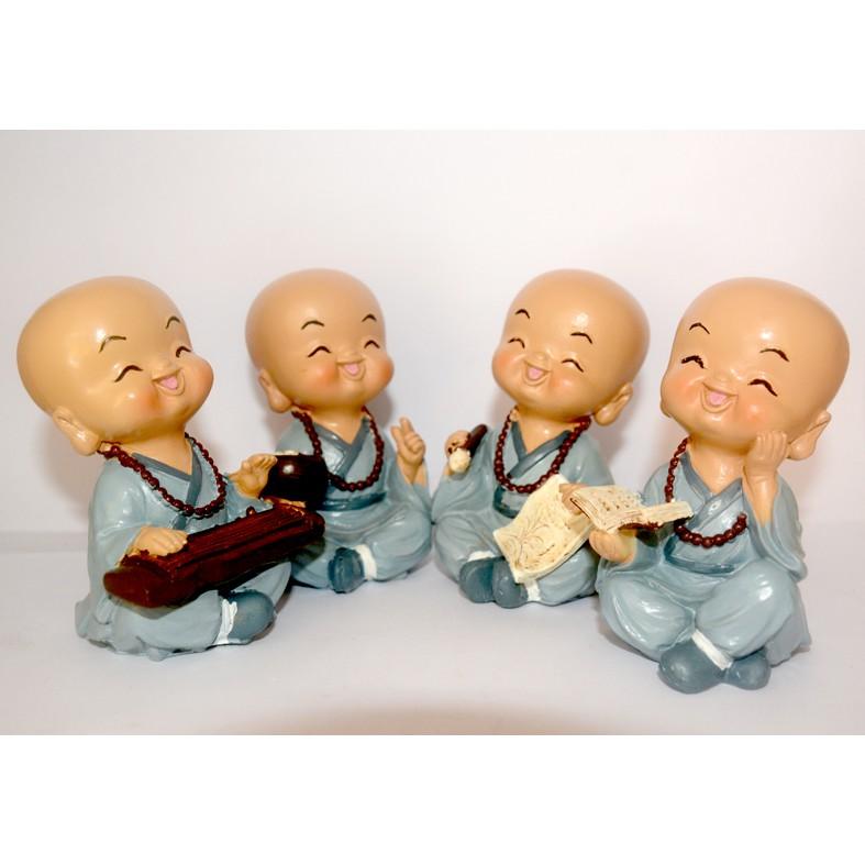 Bộ tượng Bốn chú tiểu Cầm Kỳ Thi Họa áo lam ngộ nghĩnh cao 9cm