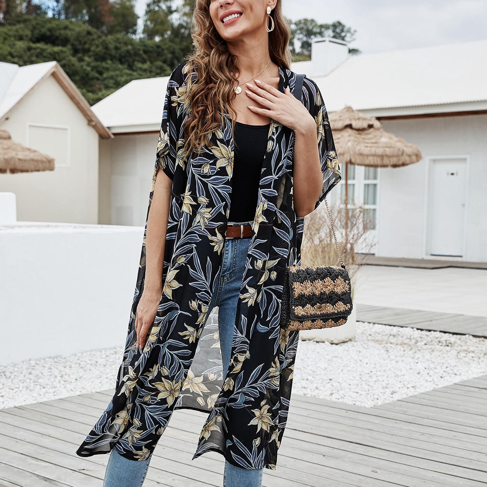 Women's Floral Kimono Cardigans Chiffon Casual Beach Swim Wear Loose Open Front Cover Up Tops Bohemian Sun Protection Cardigan Clothes