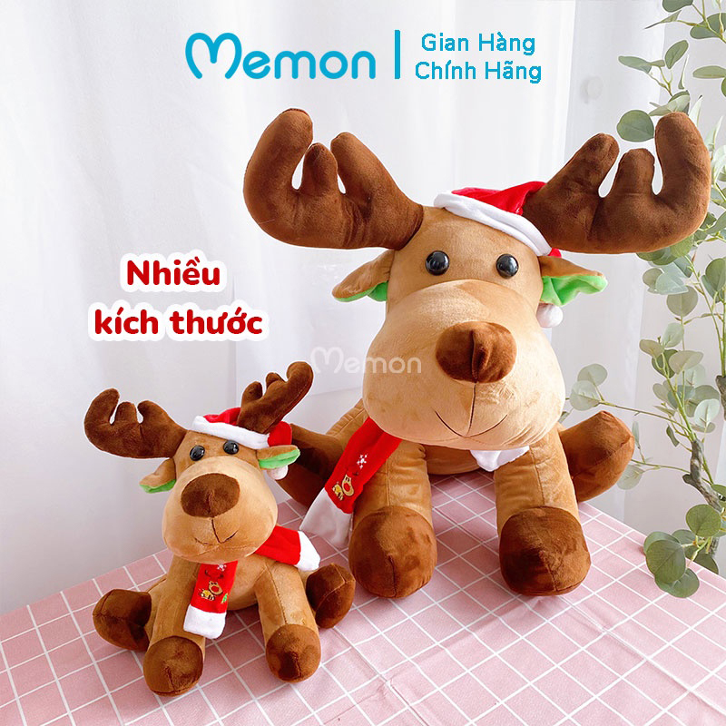 Gấu Bông Tuần Lộc Ngồi Đội Mũ Noel Cao Cấp Memon, Gấu Bông Giáng Sinh Dễ Thương