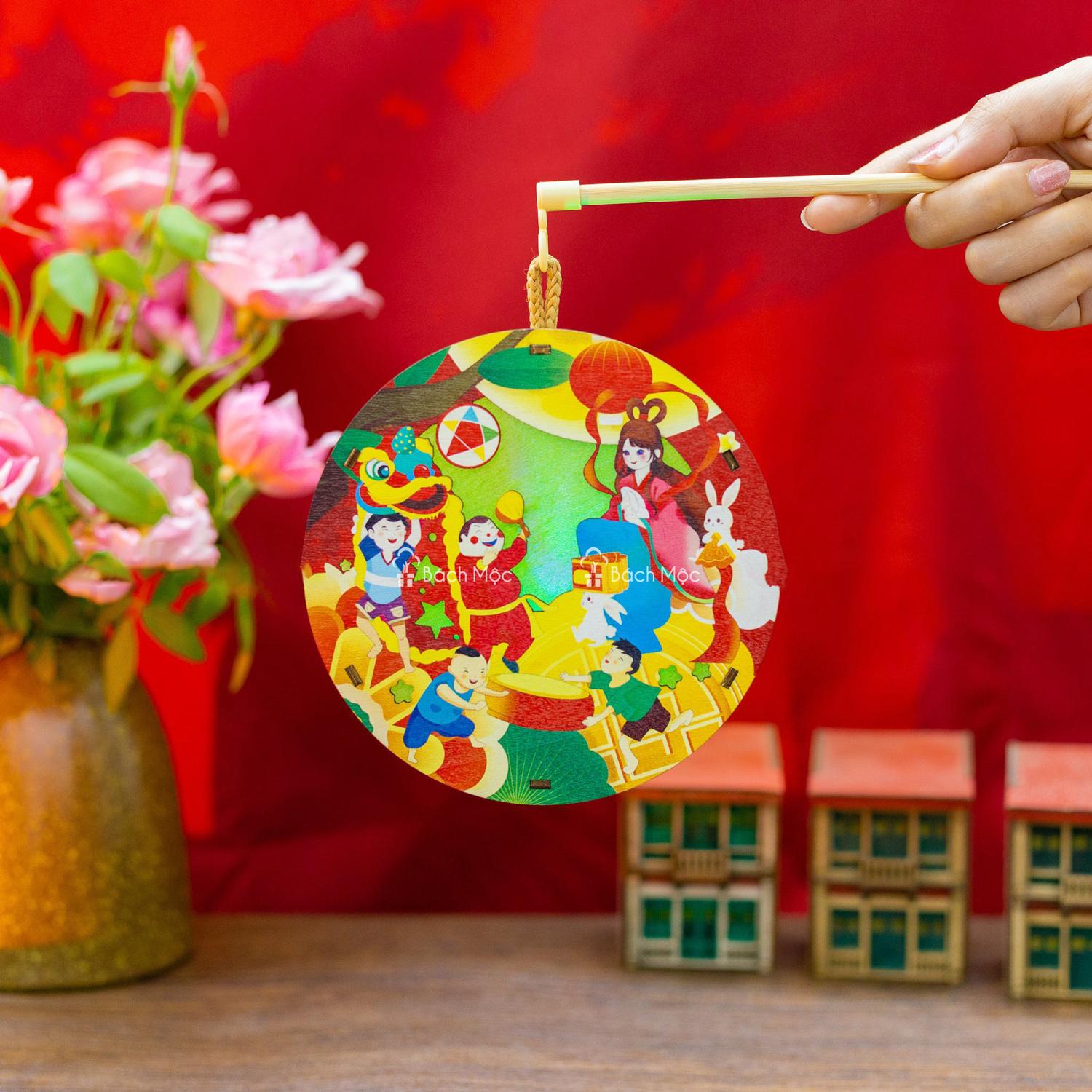 Lồng Đèn Trung Thu Gỗ 2 Mặt Màu - Bách Mộc - Phá Cỗ