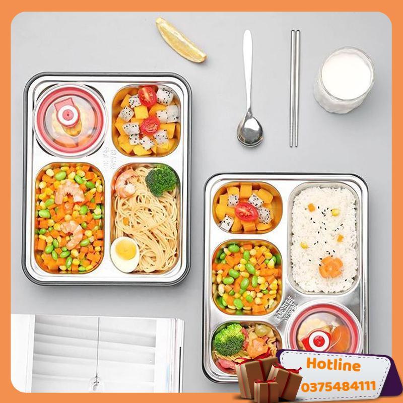 Khay Cơm Inox 5 Ngăn Hàn Quốc Coa Nắp Đậy Tiện Lợi - Hàng Loại 1