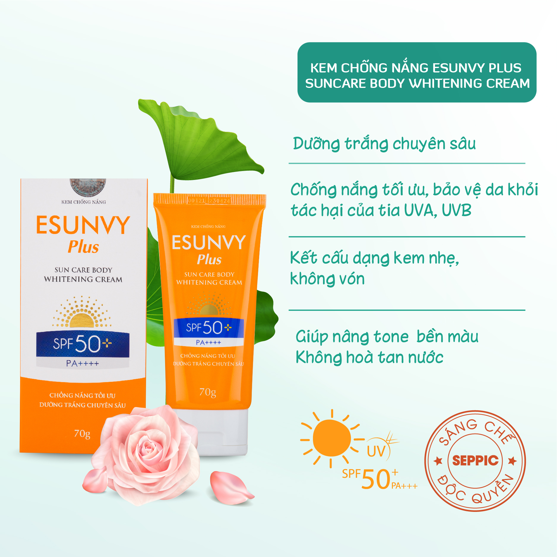 Kem Chống Nắng Esunvy Plus Sun Care Body SPF50+/PA++++ Bảo Vệ Da Tối Ưu, Dưỡng Trắng Chuyên Sâu Tuýp 70g TMP013