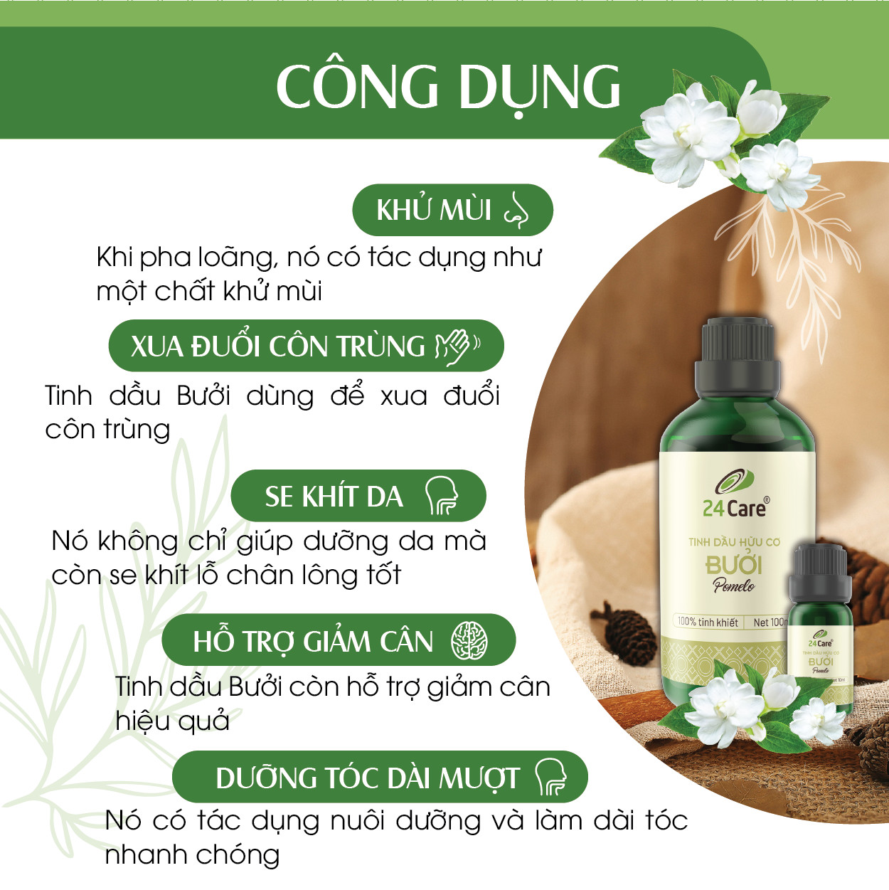 Tinh dầu Bưởi Việt Nam 24Care 10ML - Chiết xuất thiên nhiên, xông phòng, thanh lọc không khí, giảm căng thẳng, giảm đau đầu.