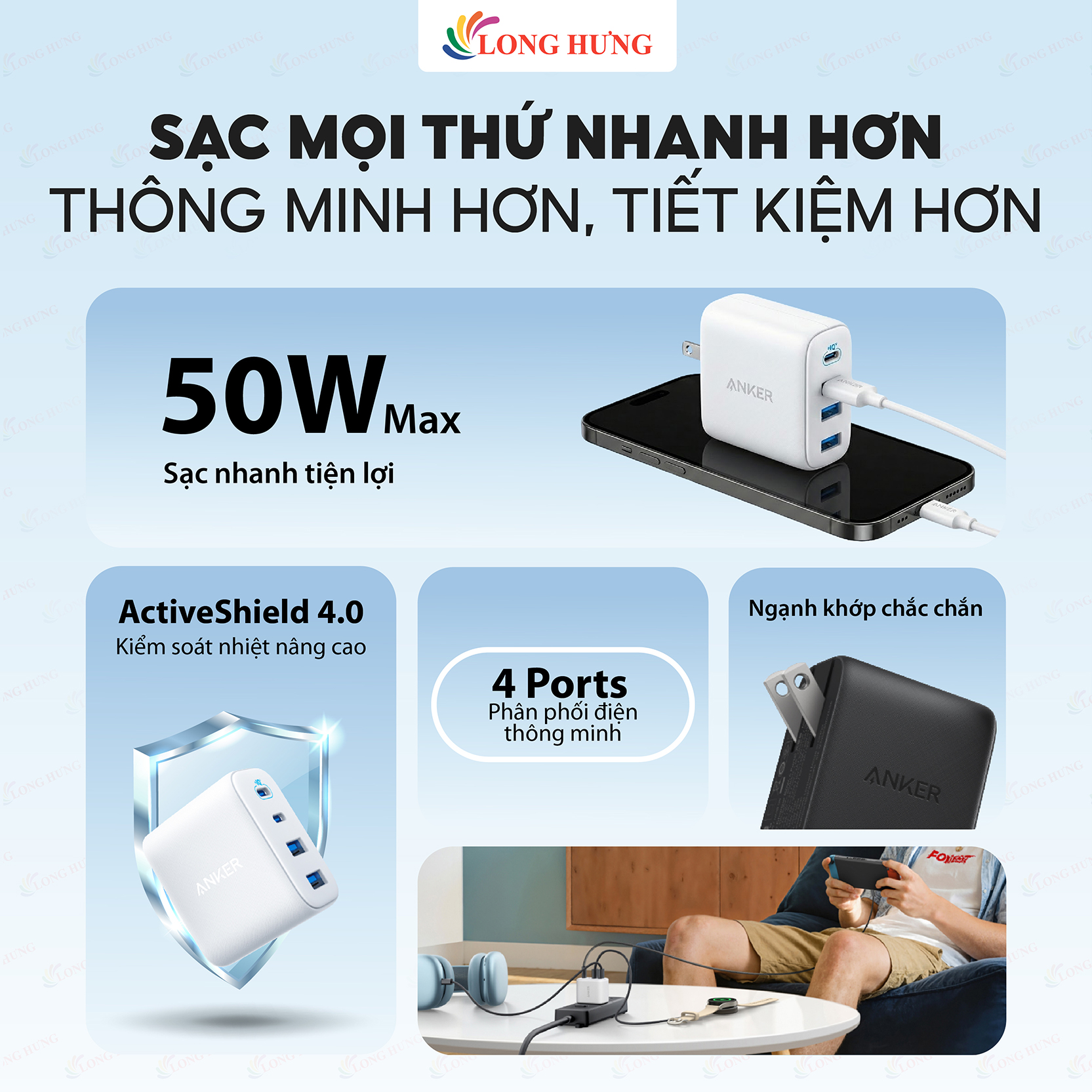 Cốc sạc Anker Zolo Fast Charging Portable 4-in-1 2USB 2Type-C 50W A121E - Hàng chính hãng