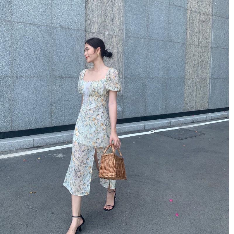 Đầm voan hoa thêu nhún ngực, xẻ tà, dáng xoè - AUDREY STUDIO