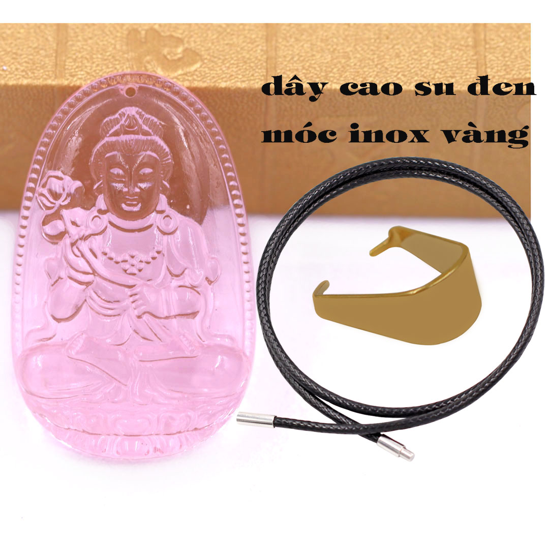 Mặt Phật Đại thế chí pha lê hồng 3.6 cm kèm móc và vòng cổ dây cao su đen, Mặt Phật bản mệnh