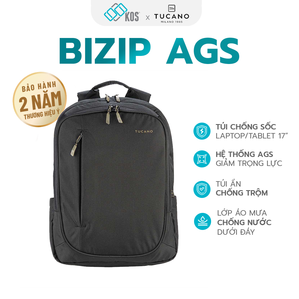 Balo laptop Tucano Bizip AGS 17 inch, sử dụng công nghệ giảm trọng lực AGS, màu đen, thương hiệu Ý, bảo hành 2 năm
