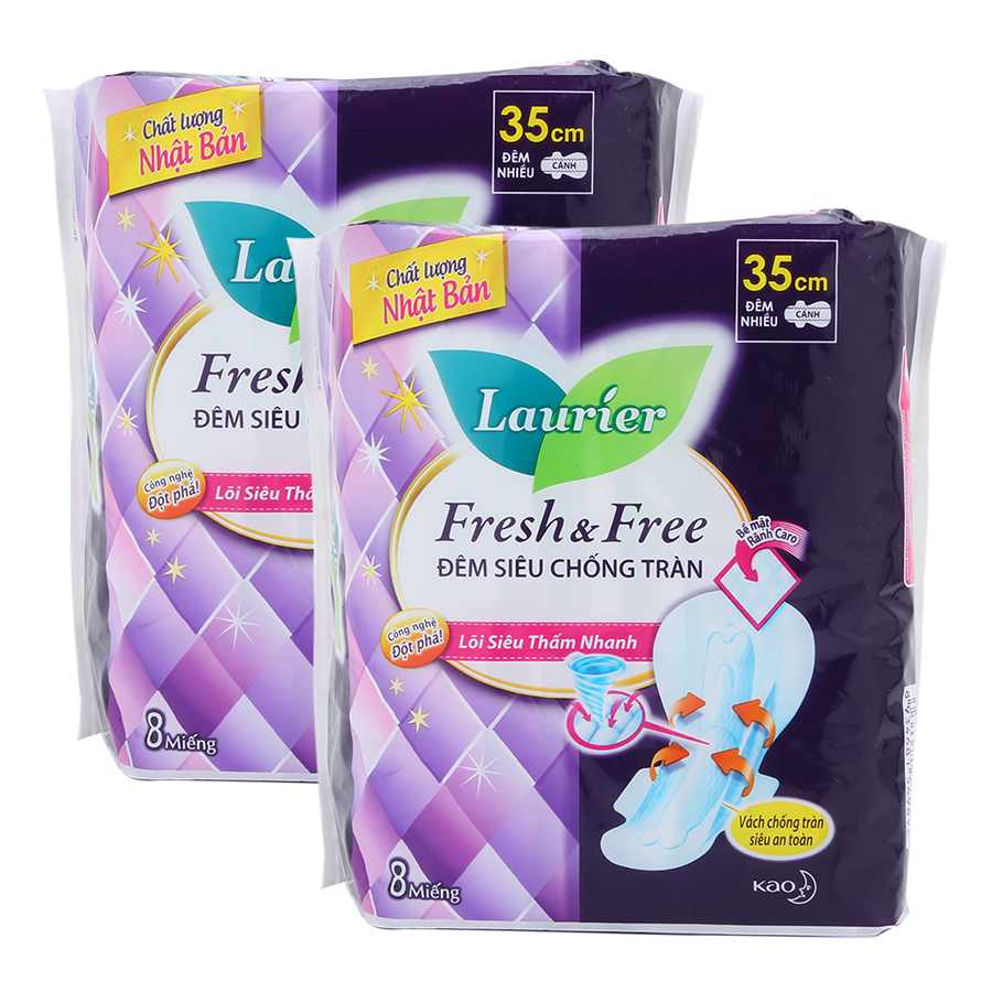 Combo 2 Gói Băng Vệ Sinh Laurier Fresh &amp; Free Đêm Siêu Chống Tràn 35 cm - 8 Miếng