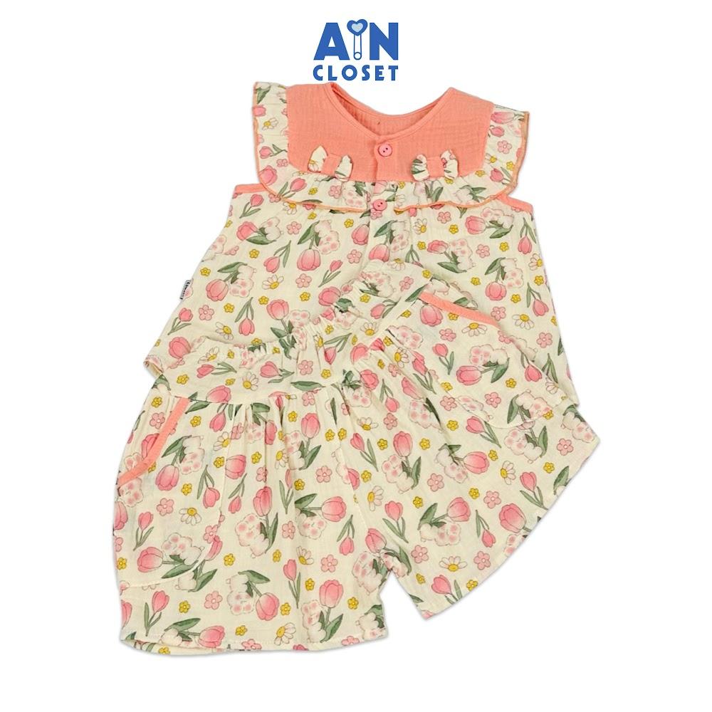 Bộ quần áo Ngắn bé gái họa tiết hoa Tulip Cure hồng xô muslin - AICDBT9ZCOYG - AIN Closet