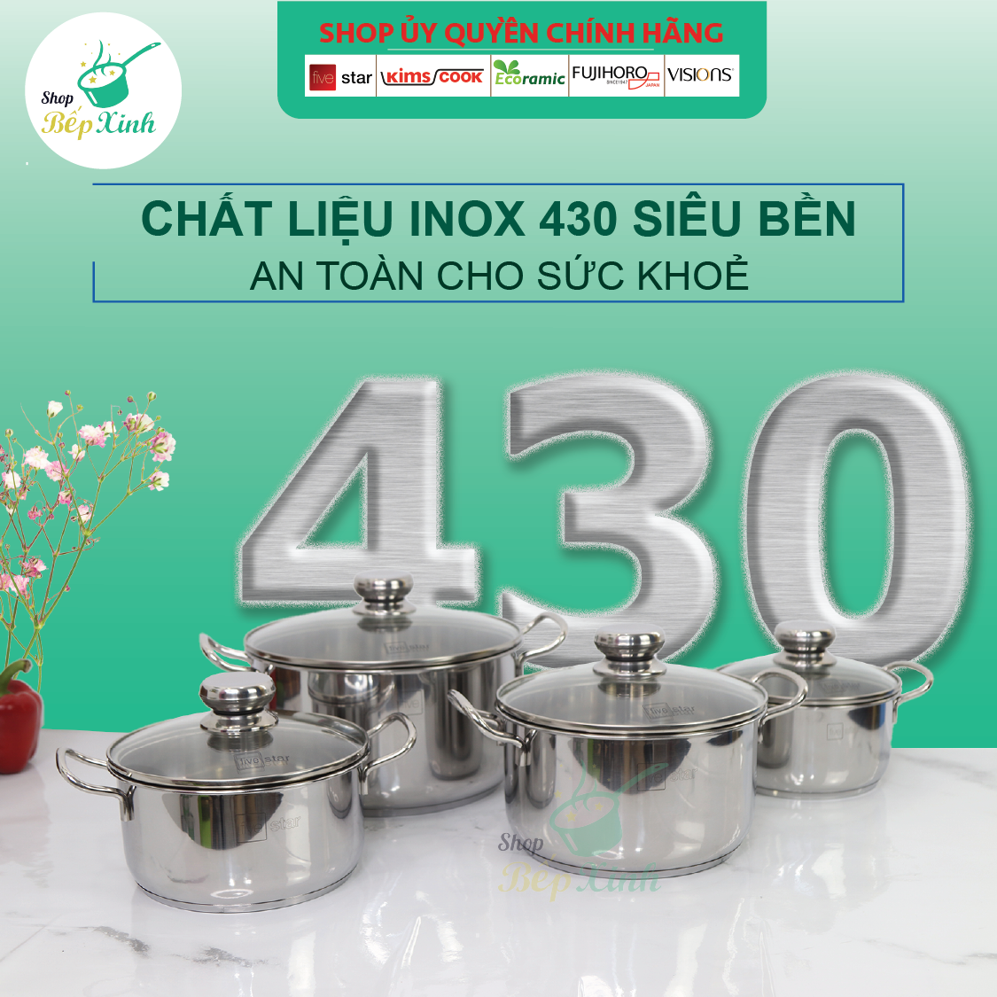 Bộ Nồi Và Chảo Chống Dính Inox 430 Bếp Từ 3 Đáy 5 Món Nắp Kính Fivestar