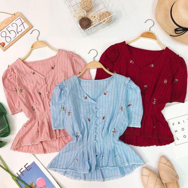 ÁO NÚT BỌC THÊU HOA NHÚN EO - ÁO KIỂU PEPLUM XẾP LY