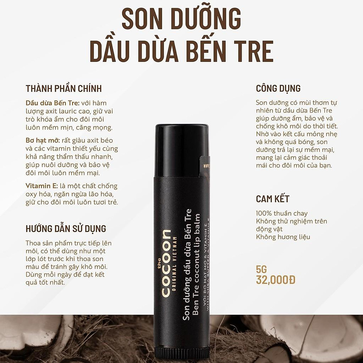 Son Dưỡng Môi Dầu Dừa Ben Tre The Cocoon Ben Tre Coconut Lip Balm