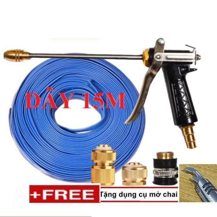 Bộ dây vòi xịt nước rửa xe, tưới cây . tăng áp 3 lần, loại 15m 206318 đầu đồng,cút đồng+ tặng mở chai TL