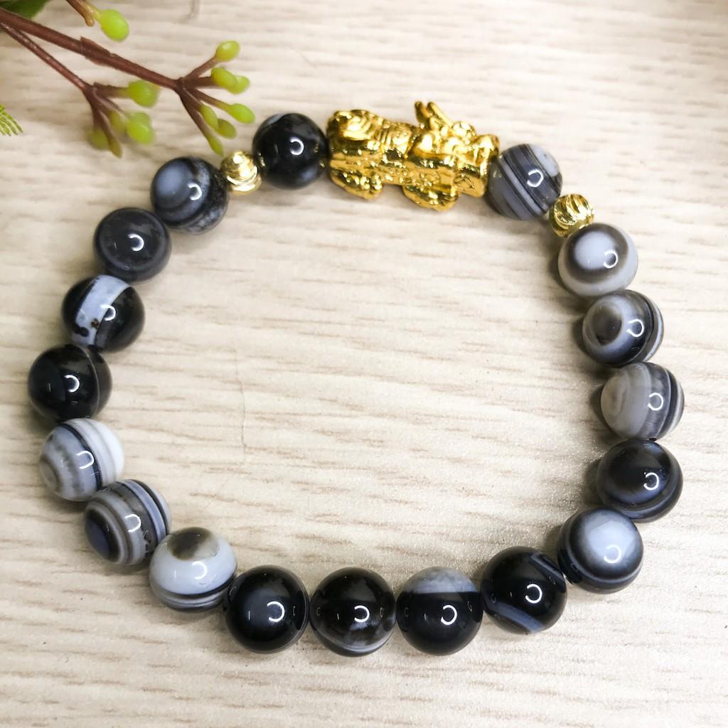 Vòng tay phong thủy mệnh Kim - Vòng phong thủy - Vòng tay nữ mã não vân trắng mix tỳ hưu V322-08
