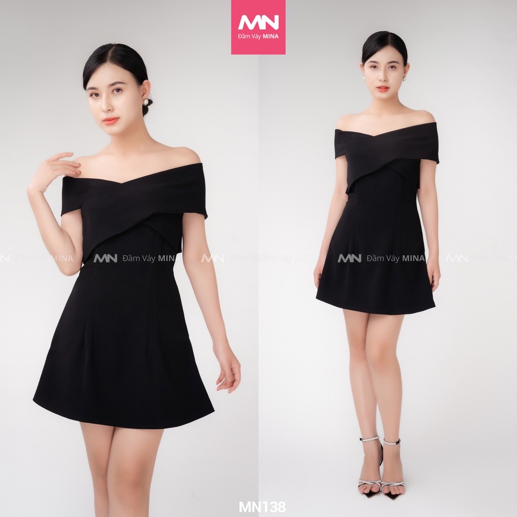 Đầm dáng suông đen tuyết mưa chéo vai dự tiệc đi chơi dạo phố công sở - MN138 - Đầm Váy Mina