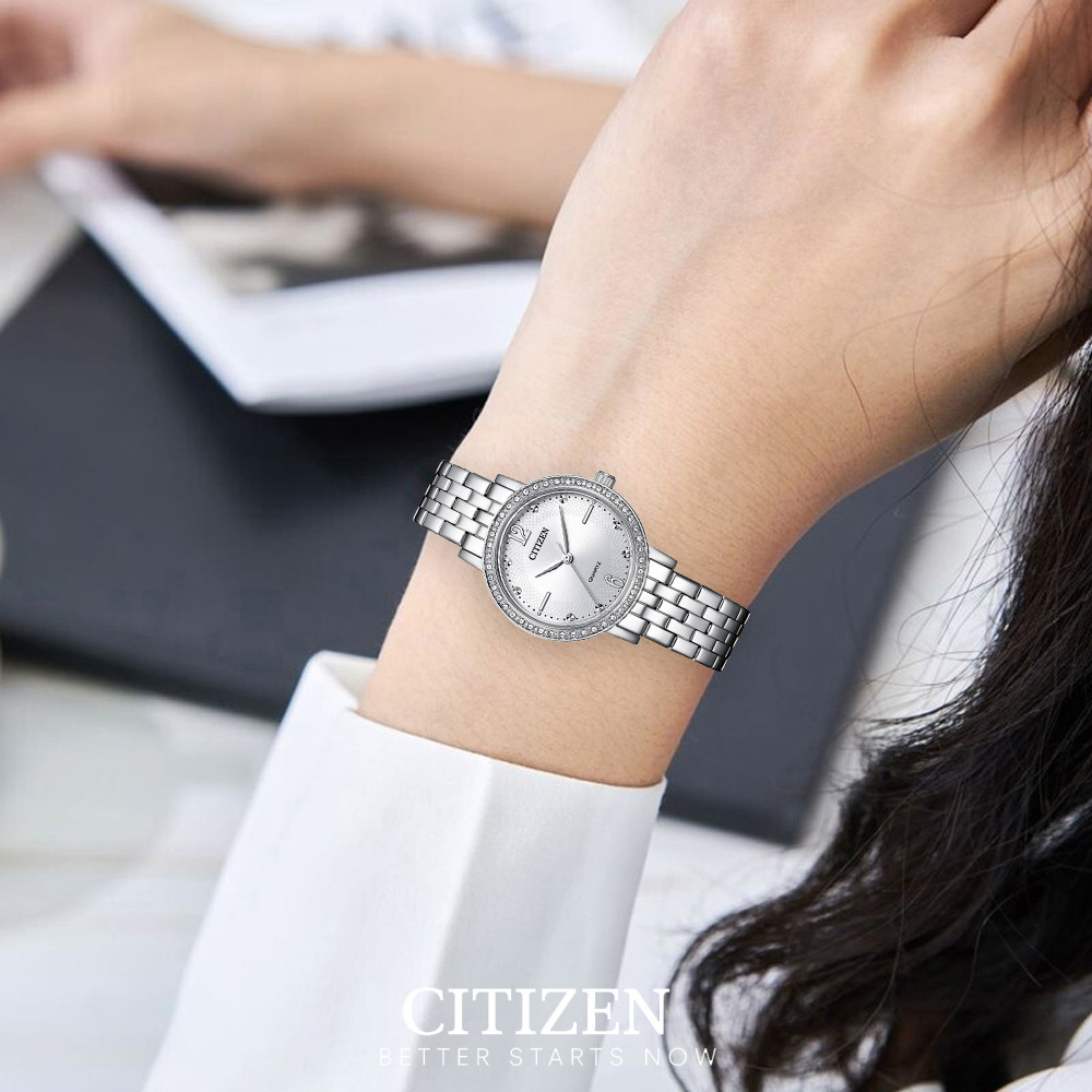 Đồng Hồ Nữ Citizen Pin-Quartz Đính Đá Swarovski Dây Thép Không Gỉ EL3100-55A - Mặt Trắng (31mm)