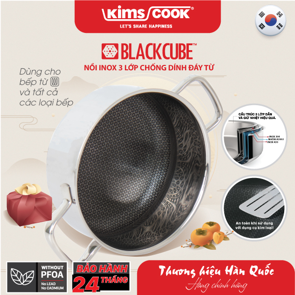 Nồi KIMS COOK Black Cube inox 3 lớp nắp kính chống dính