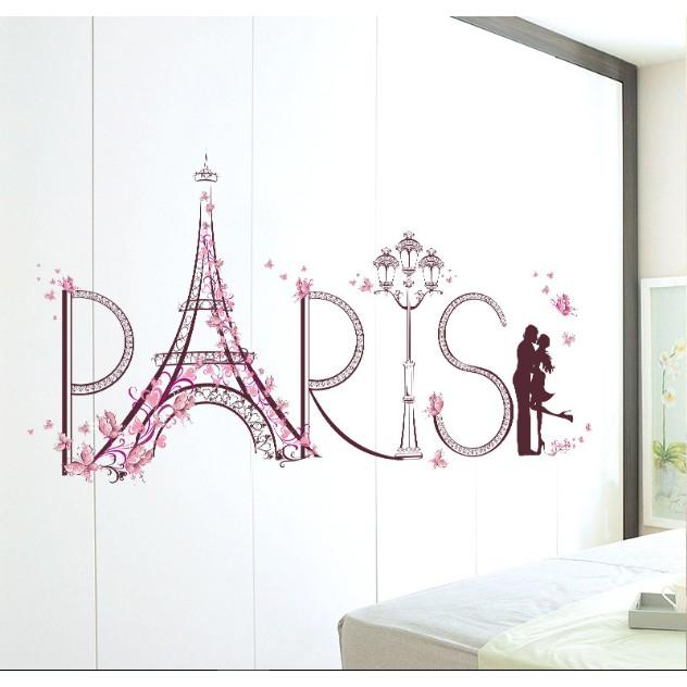 Decal trang trí tường - Tháp PARIS Bướm Hồng Romantic
