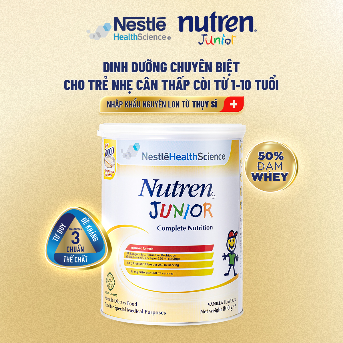 Thực phẩm dinh dưỡng Nutren Junior Thụy Sĩ hỗ trợ tăng cân tiêu hóa tốt cho trẻ từ 1 đến 10 tuổi 800g