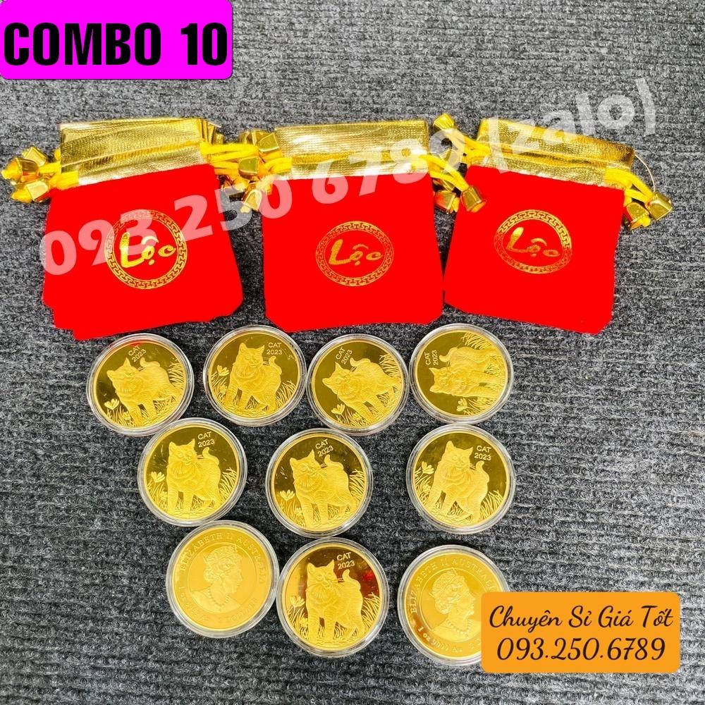 Tiền Xu Vàng Con Mèo Úc Mừng Năm Quý Mão - túi LỘC gấm đỏ tặng kèm mỗi xu