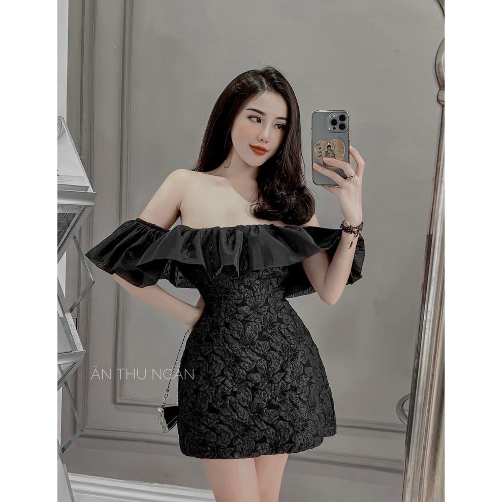 Đầm váy nữ xòe bèo trễ vái 2 màu thanh lịch phối gấm tôn dáng ( có mút ngực ) thời trang dự tiệc, dạo phố Hàn Quốc