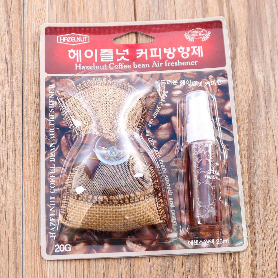 Túi hạt Cafe treo ô tô khử mùi giảm say xe Hazelnut Korea -Kèm lọ tinh dầu 20ml