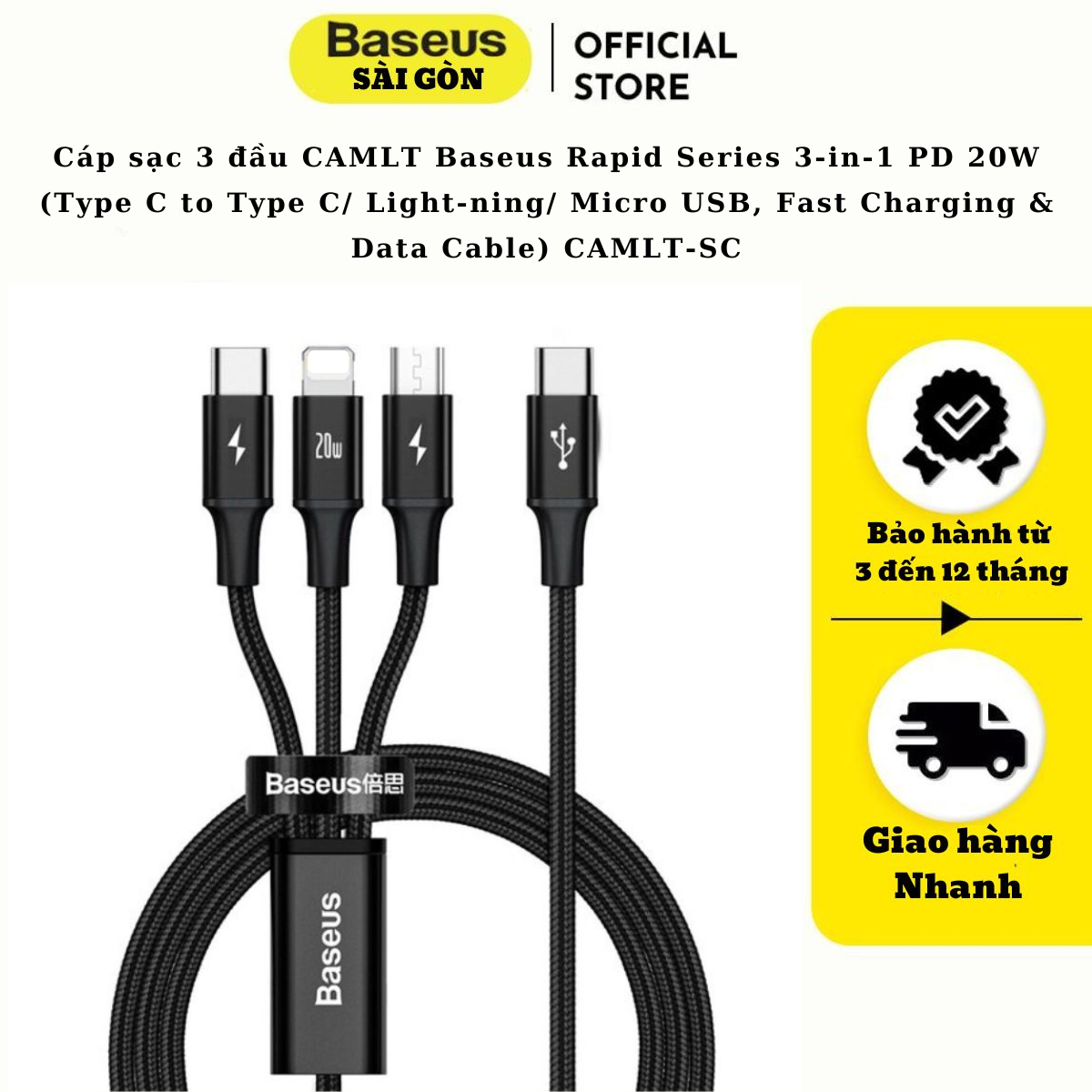 Cáp sạc 3 đầu CAMLT Baseus Rapid Series 3-in-1 PD 20W (Type C to Type C/ Light-ning/ Micro USB, Fast Charging & Data Cable) CAMLT-SC01- Hàng chính hãng