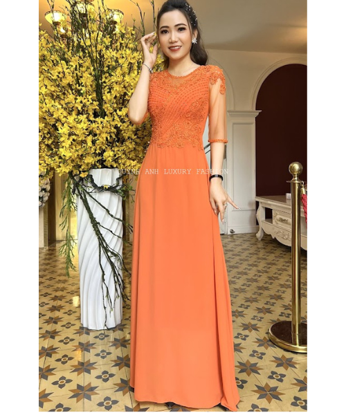 Đầm Dạ Hội Trung Niên Dự Tiệc Sang Trọng Cam Cà Rốt Charmaine Dress