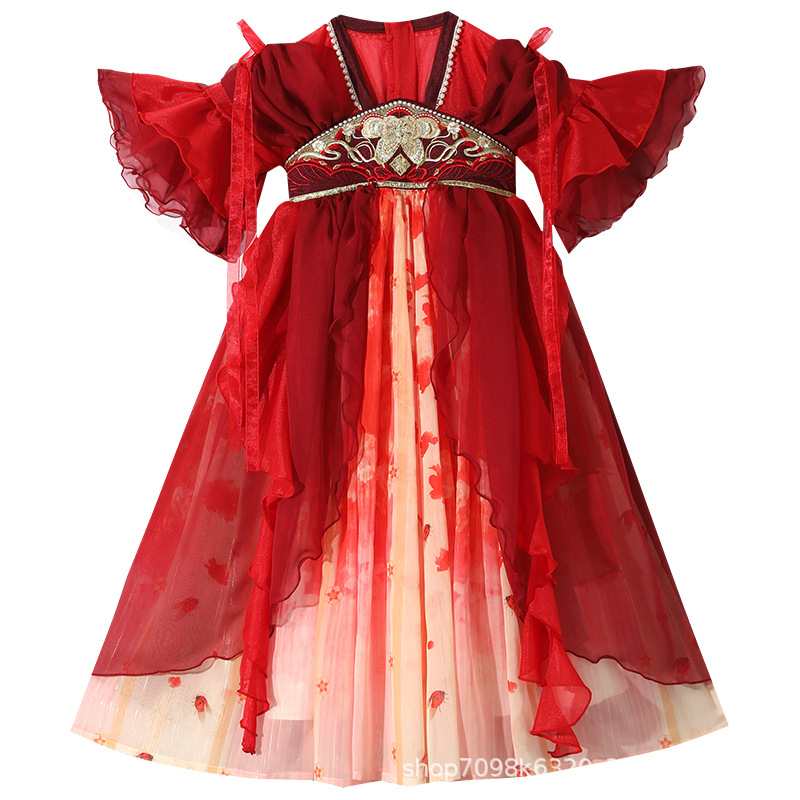 Đầm váy công chúa cổ trang hanfu thêu hoa cho bé gái diện lễ tết trung thu đẹp size 100-160kg hàng Quảng Châu
