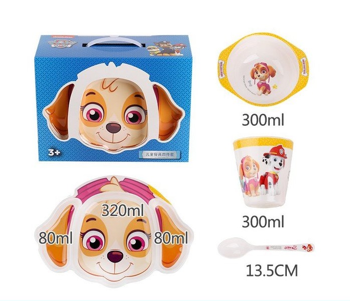 Set 4 món chén, dĩa, muỗng và ly uống nước hình chú chó cứu hộ Dog Paw Patrol 3D màu hồng trắng cho các bé ăn uống - 140P7NWW6634