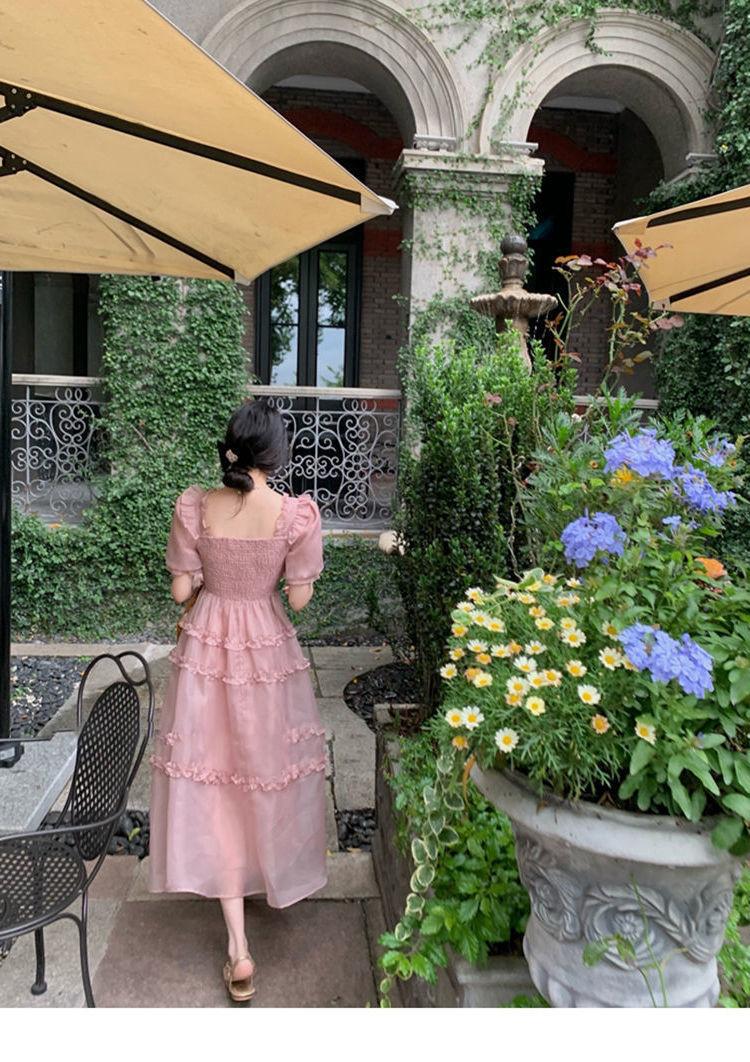 TOBE1SHOP Váy màu hồng nàng tiên Pháp ren Bouffant váy công chúa váy bánh váy lưới nàng tiên thắt lưng đầm