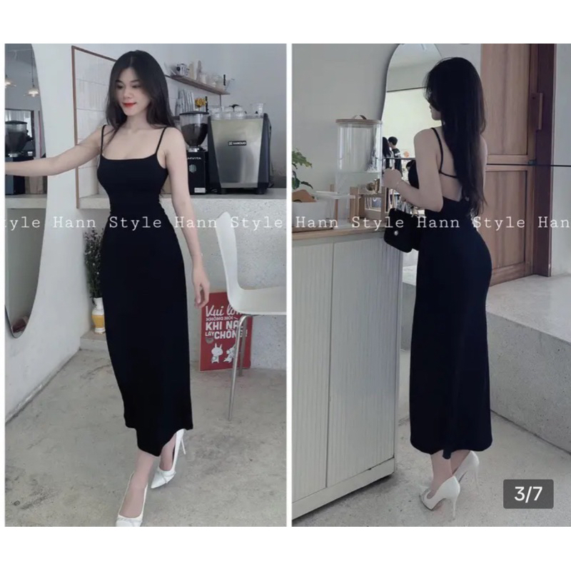 Đầm hở lưng body dáng dài đan dây, váy nữ có mút